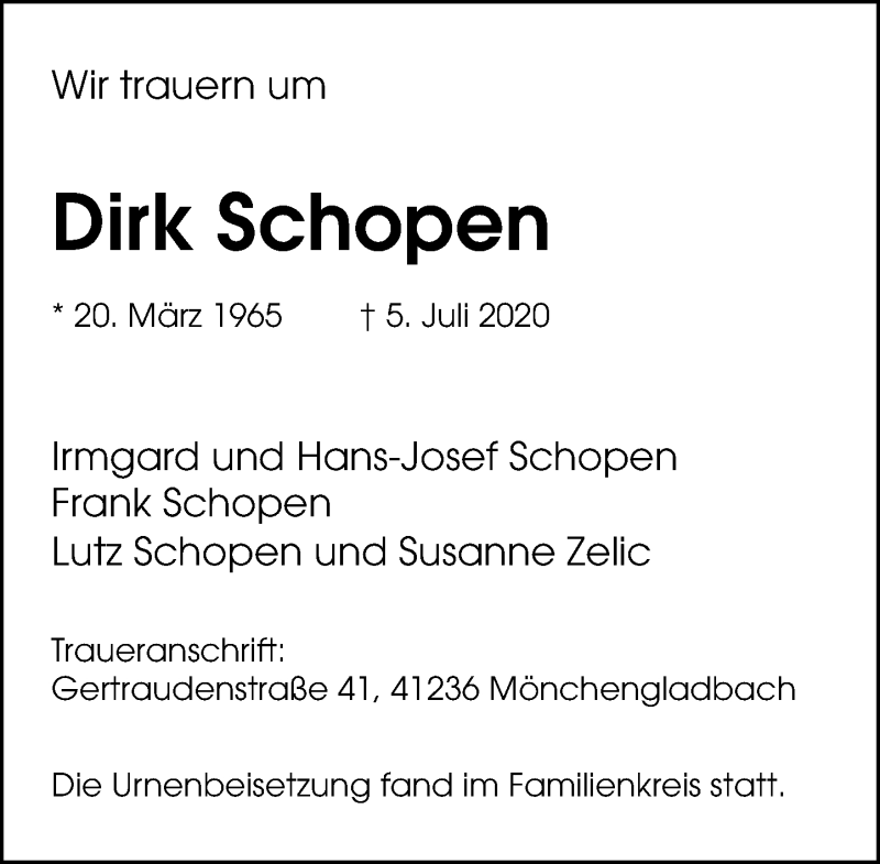 Traueranzeige für Dirk Schopen vom 22.07.2020 aus Rheinische Post