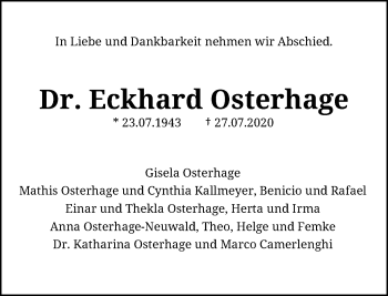 Traueranzeige von Eckhard Osterhage von Rheinische Post