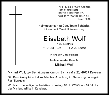 Traueranzeige von Elisabeth Wolf von Rheinische Post
