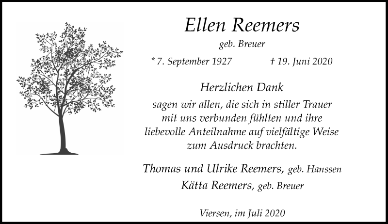  Traueranzeige für Ellen Reemers vom 25.07.2020 aus Rheinische Post