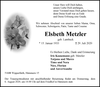 Traueranzeige von Elsbeth Metzler von Rheinische Post