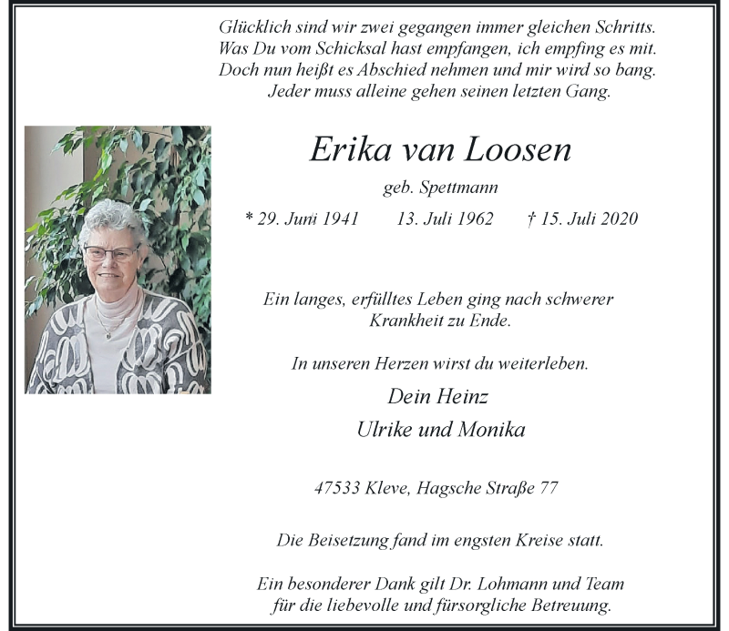  Traueranzeige für Erika van Loosen vom 27.07.2020 aus Rheinische Post