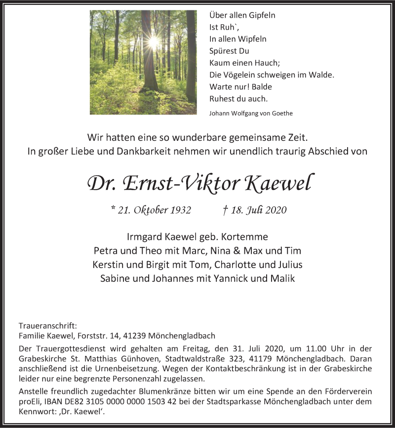  Traueranzeige für Ernst-Viktor Kaewel vom 25.07.2020 aus Rheinische Post