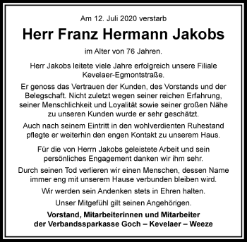 Traueranzeige von Franz Hermann Jakobs von Rheinische Post