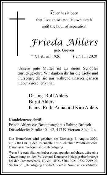 Traueranzeige von Frieda Ahlers von Rheinische Post