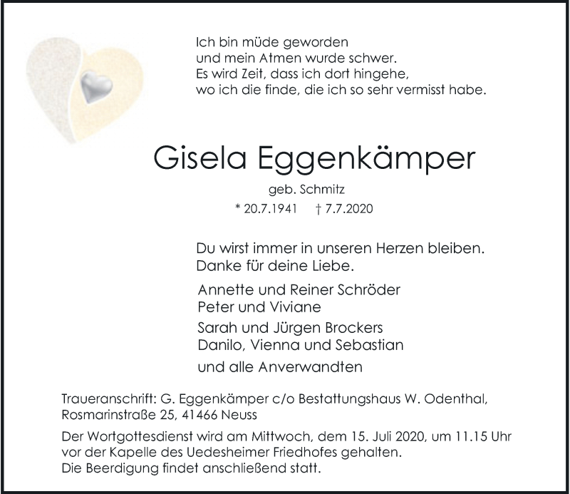  Traueranzeige für Gisela Eggenkämper vom 11.07.2020 aus Rheinische Post