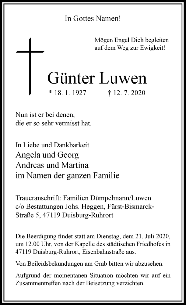  Traueranzeige für Günter Luwen vom 17.07.2020 aus Rheinische Post