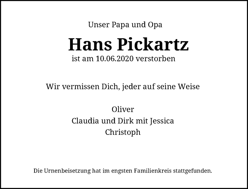  Traueranzeige für Hans Pickartz vom 04.07.2020 aus Rheinische Post