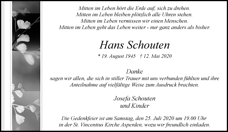  Traueranzeige für Hans Schouten vom 18.07.2020 aus Rheinische Post