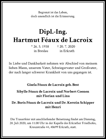 Traueranzeige von Hartmut  Feaux de Lacroix von Rheinische Post