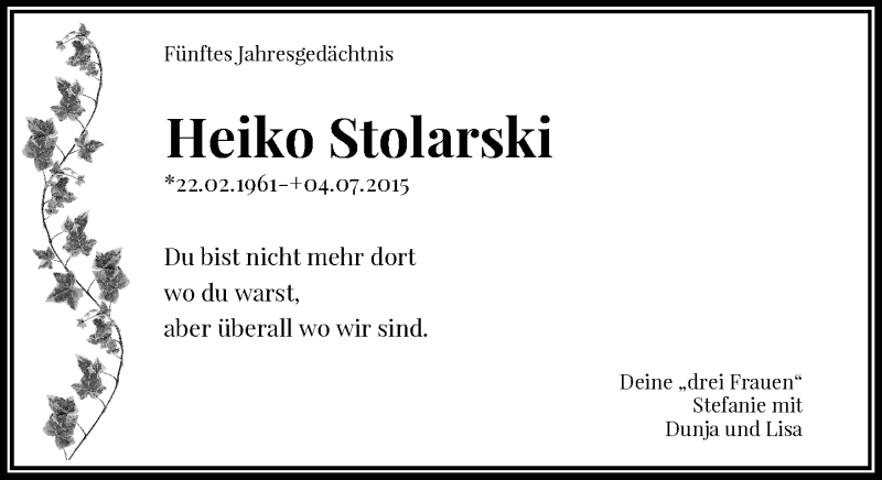  Traueranzeige für Heiko Stolarski vom 04.07.2020 aus Rheinische Post