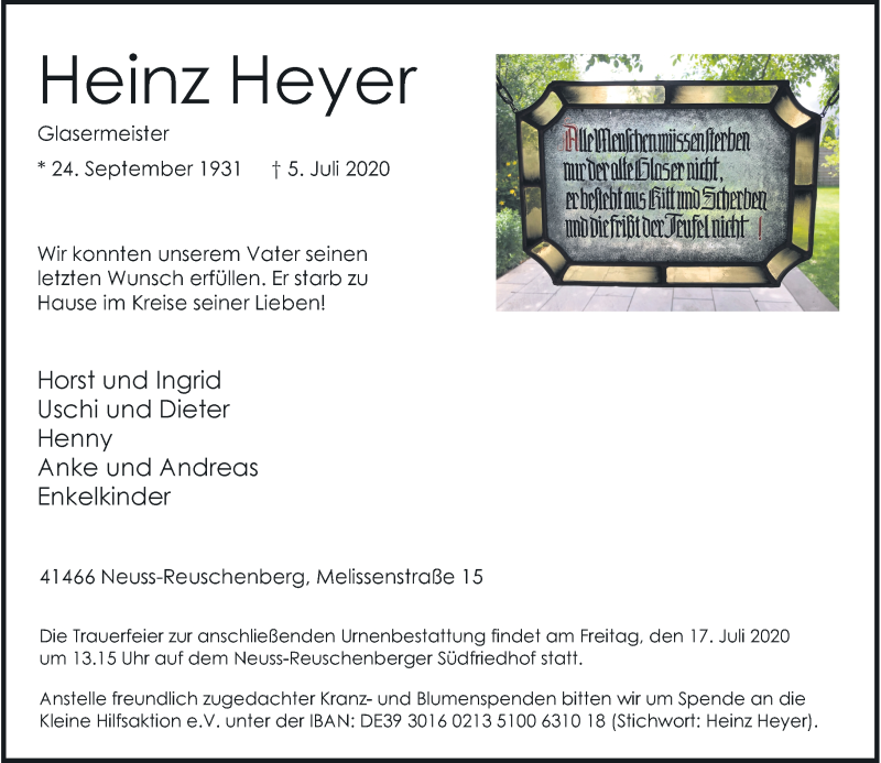  Traueranzeige für Heinz Heyer vom 11.07.2020 aus Rheinische Post