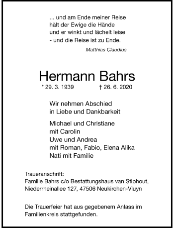 Traueranzeige von Hermann Bahrs von Rheinische Post