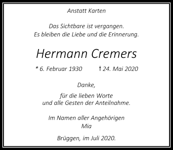 Traueranzeige von Hermann Cremers von Rheinische Post