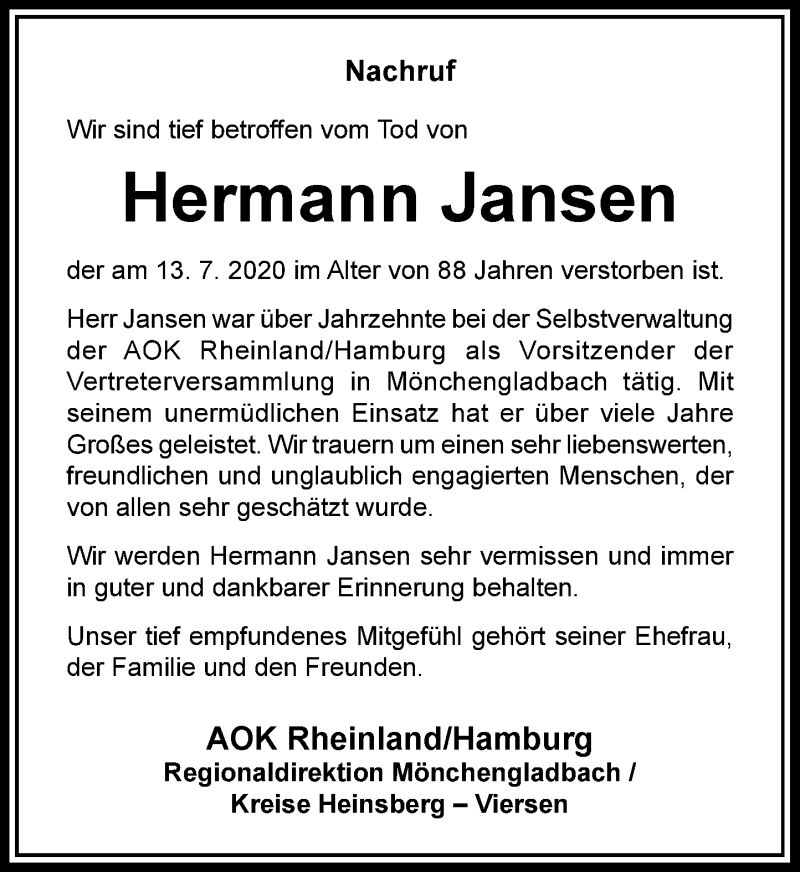  Traueranzeige für Hermann Jansen vom 18.07.2020 aus Rheinische Post