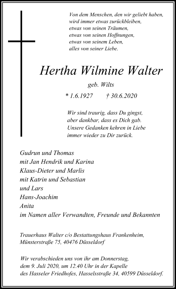  Traueranzeige für Hertha Wilmine Walter vom 04.07.2020 aus Rheinische Post