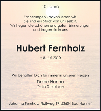 Traueranzeige von Hubert Fernholz von Rheinische Post