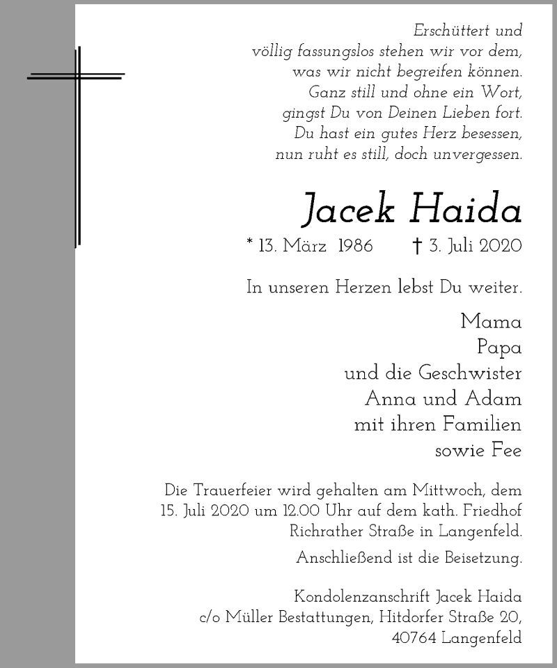  Traueranzeige für Jacek Haida vom 11.07.2020 aus Rheinische Post