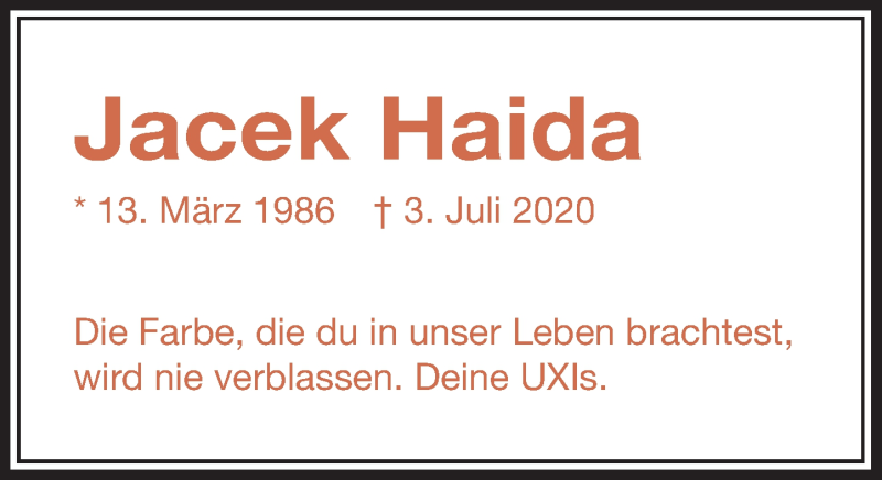  Traueranzeige für Jacek Haida vom 15.07.2020 aus Rheinische Post