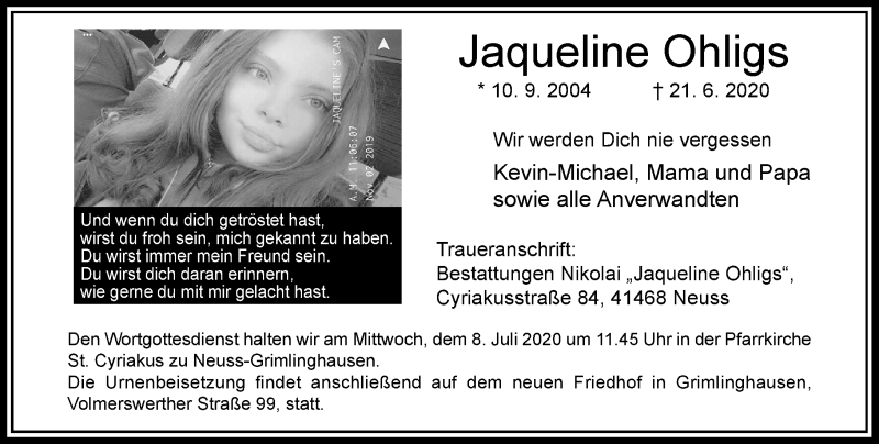  Traueranzeige für Jaqueline Ohligs vom 04.07.2020 aus Rheinische Post