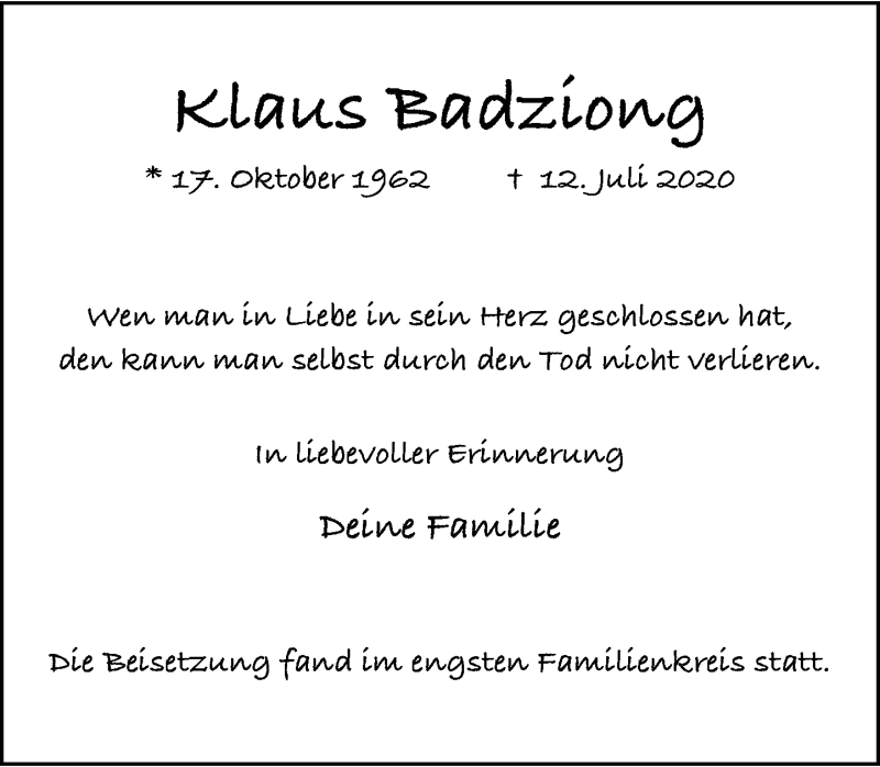  Traueranzeige für Klaus Badziong vom 25.07.2020 aus Rheinische Post