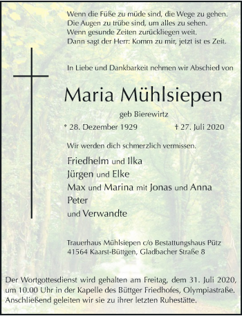 Traueranzeige von Maria Mühlsiepen von Rheinische Post