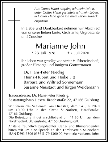 Traueranzeige von Marianne John von Rheinische Post
