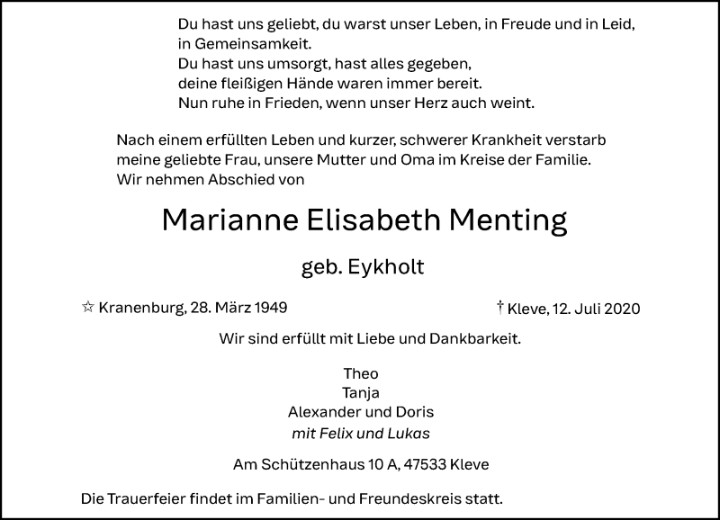  Traueranzeige für Marianne Elisabeth Menting vom 15.07.2020 aus Rheinische Post