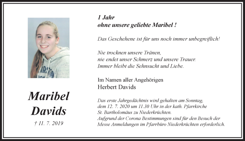  Traueranzeige für Maribel Davids vom 04.07.2020 aus Rheinische Post