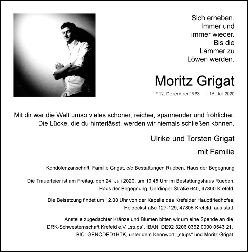  Traueranzeige für Moritz Grigat vom 18.07.2020 aus Rheinische Post