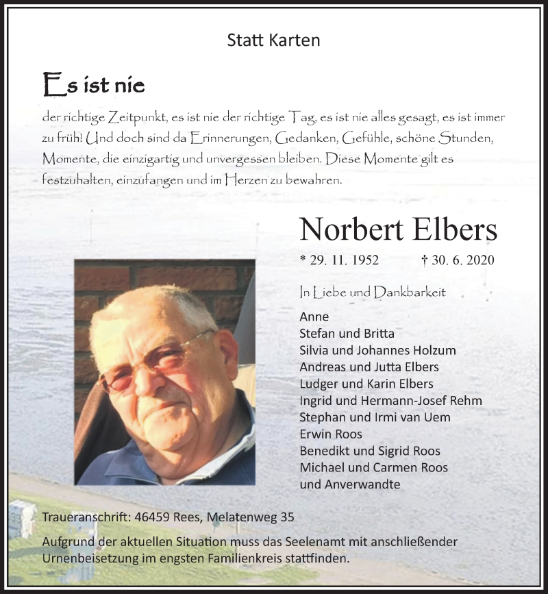  Traueranzeige für Norbert Elbers vom 06.07.2020 aus Rheinische Post