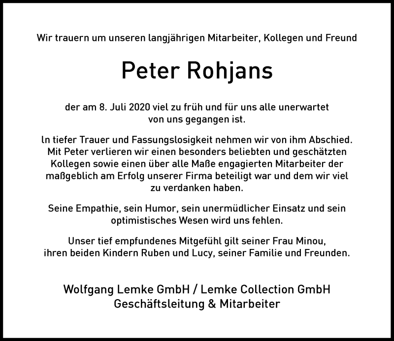  Traueranzeige für Peter Rohjans vom 11.07.2020 aus Rheinische Post