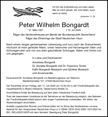 Traueranzeige von Peter Wilhelm Bongardt von Rheinische Post