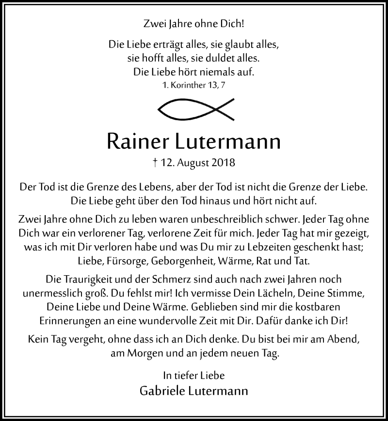  Traueranzeige für Rainer Lutermann vom 15.08.2020 aus Rheinische Post
