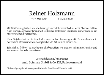 Traueranzeige von Reiner Holzmann von Rheinische Post