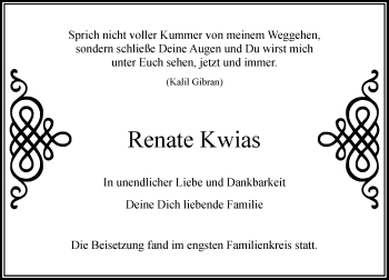 Traueranzeige von Renate Kwias von Rheinische Post