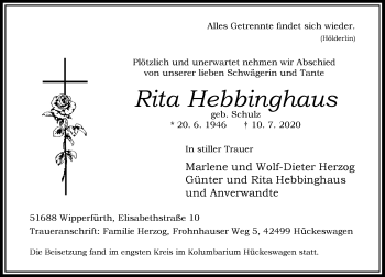 Traueranzeige von Rita Hebbinghaus von Rheinische Post