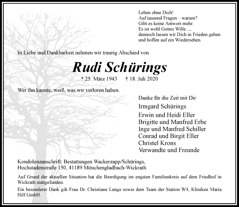  Traueranzeige für Rudi Schürings vom 01.08.2020 aus Rheinische Post