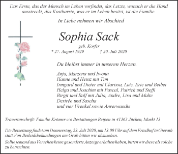 Traueranzeige von Sophia Sack von Rheinische Post