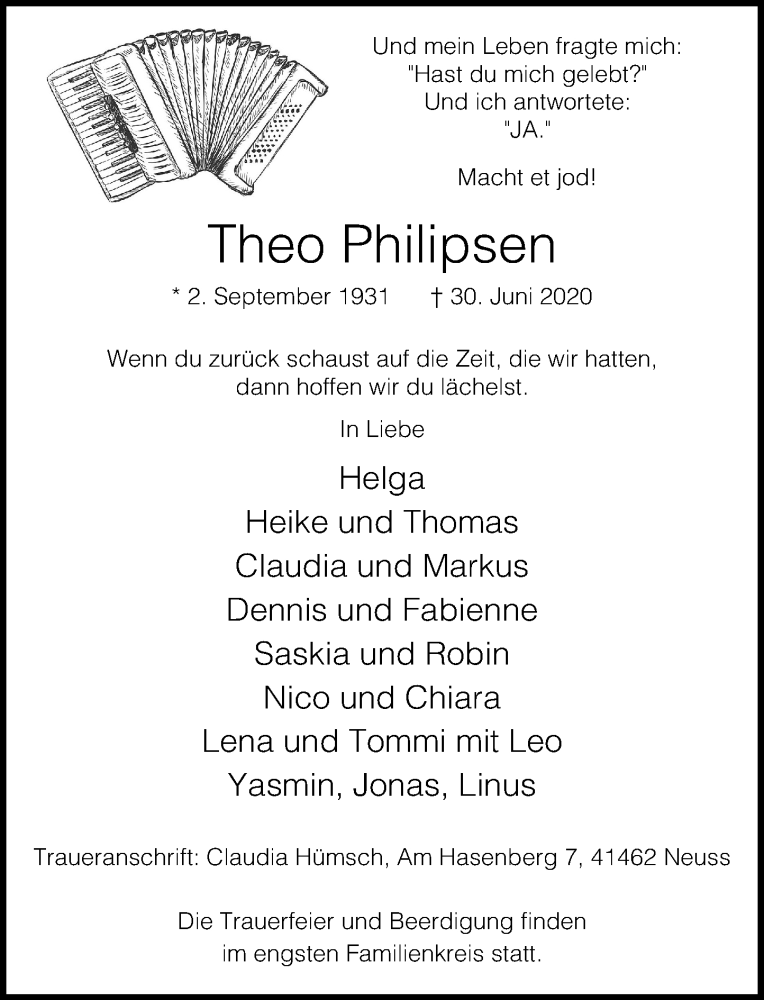  Traueranzeige für Theo Philipsen vom 18.07.2020 aus Rheinische Post
