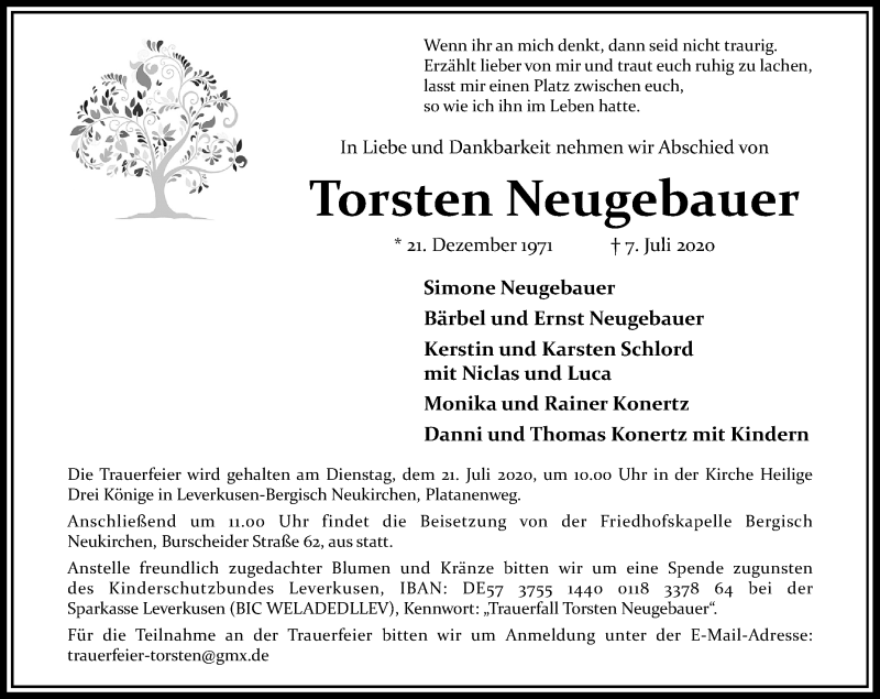  Traueranzeige für Torsten Neugebauer vom 14.07.2020 aus Rheinische Post