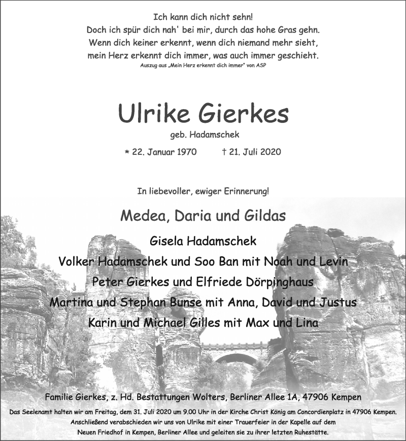  Traueranzeige für Ulrike Gierkes vom 25.07.2020 aus Rheinische Post