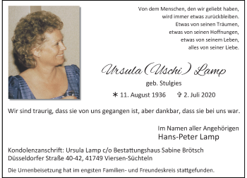 Traueranzeige von Ursula Lamp von Rheinische Post