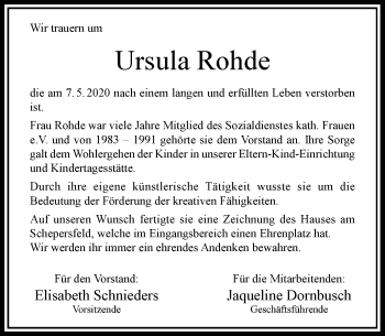 Traueranzeige von Ursula Rohde von Rheinische Post