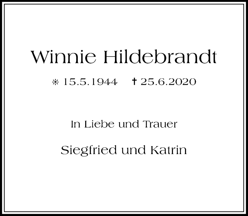  Traueranzeige für Winnie Hildebrandt vom 04.07.2020 aus Rheinische Post