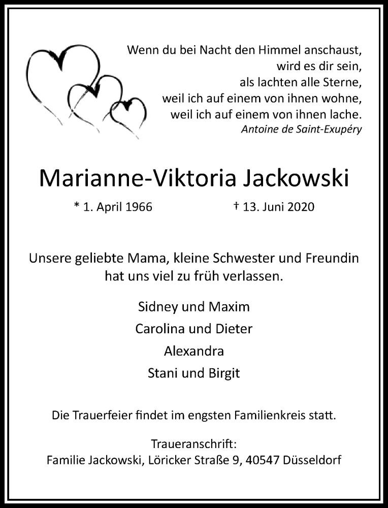 Traueranzeige für Marianne-Viktoria Jackowski vom 27.06.2020 aus Rheinische Post