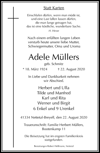 Traueranzeige von Adele Müllers von Rheinische Post