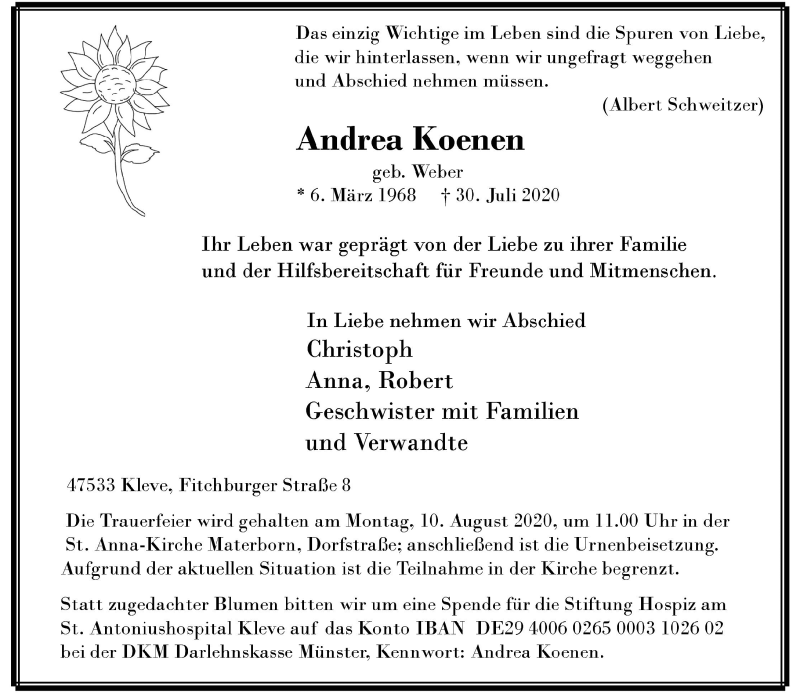  Traueranzeige für Andrea Koenen vom 05.08.2020 aus Rheinische Post