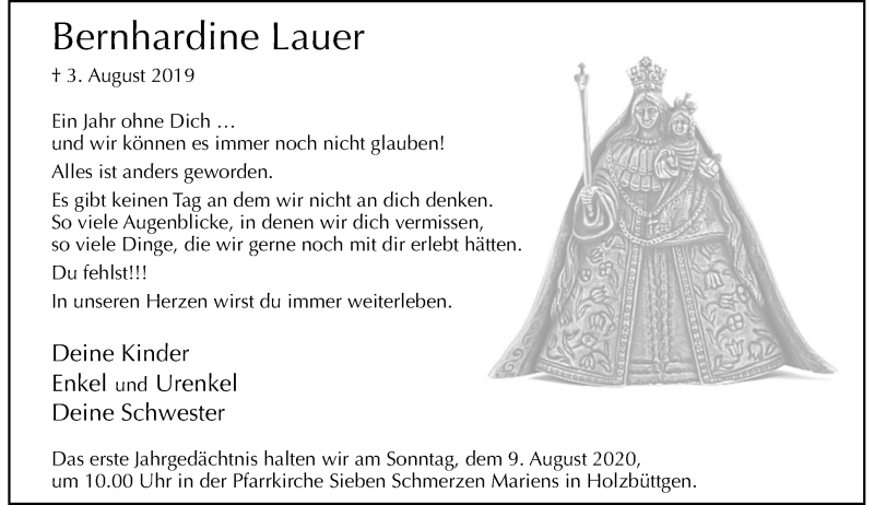  Traueranzeige für Bernhardine Lauer vom 01.08.2020 aus Rheinische Post