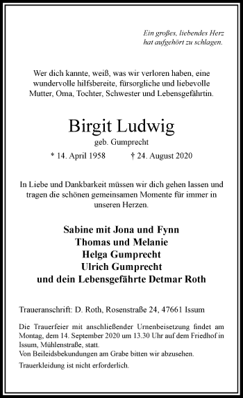 Traueranzeige von Birgit Ludwig von Rheinische Post